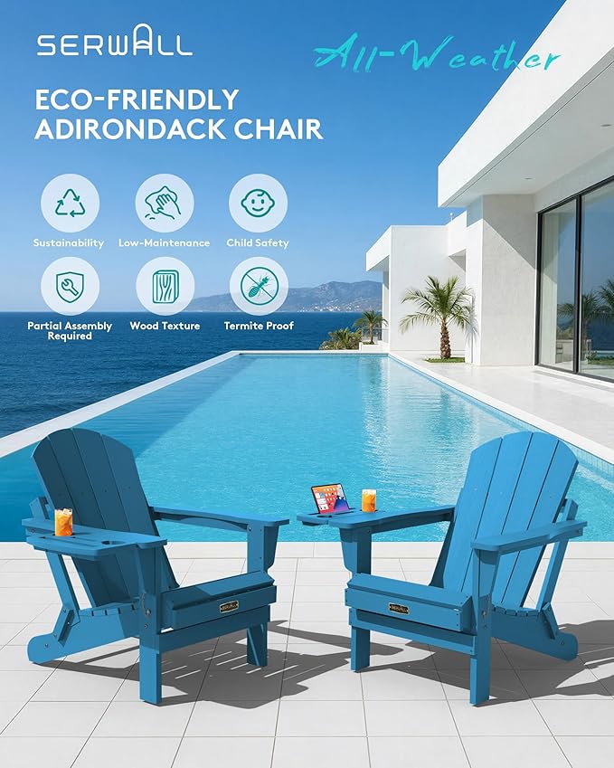 SERWALL Folding Adirondack Chair with 4 in 1 Multi-Functional Cup Holder, Wood Texture Adirondack Chairs for Patio Garden Outdoors, All-Weather Plastic Fire Pit Chairs - Sapphire