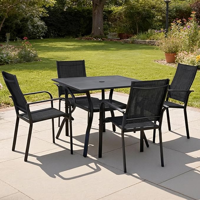 Patio Chairs Set of 4, Outdoor Dining Chairs, High Back Wide Seat with All Weather Breathable Textilene, for Lawn Garden Backyard, Black