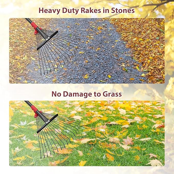 91Inch Adjustable Metal Leaf Rake, 18 Metal Tines Heavy Duty Leaves Rake for Lawns with 8-18" Expandable Head Long Handle Garden Rakes for Women Kids Leaves Yard Gardening Grass Outdoor Camping Debris