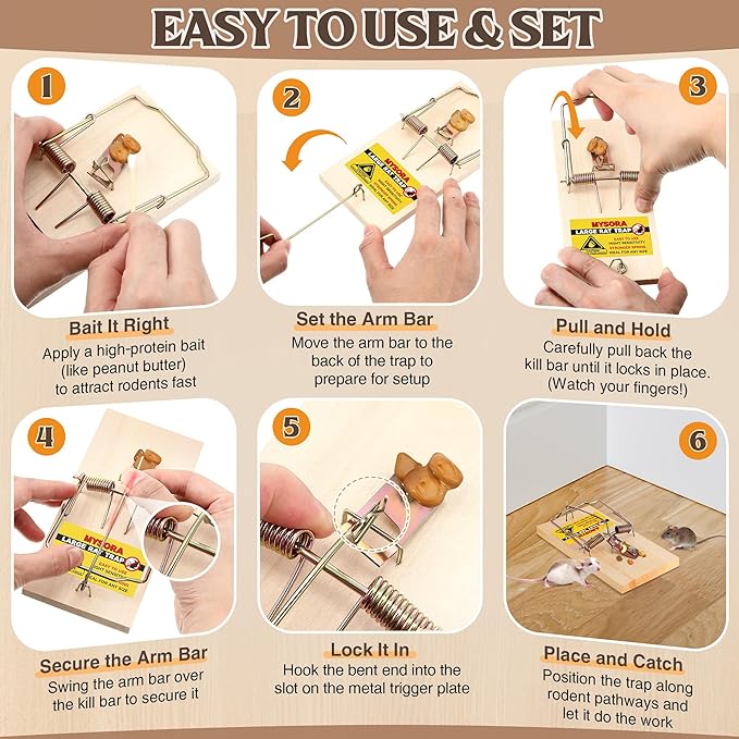12 Pack Large Wooden Mouse Traps, Heavy Duty Rat Snap Traps with Metal Pedal, Sturdy Reusable Mousetraps for Fast Capture of Large Rats & Rodents, Safe for Indoor & Outdoor Use