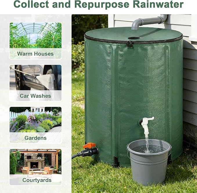 132 Gallon Collapsible Rain Barrel, Foldable Water Storage Tank, 8 Support Rods, ABS Drain Valve & White Faucet, Portable Rainwater Collection System for Garden Irrigation