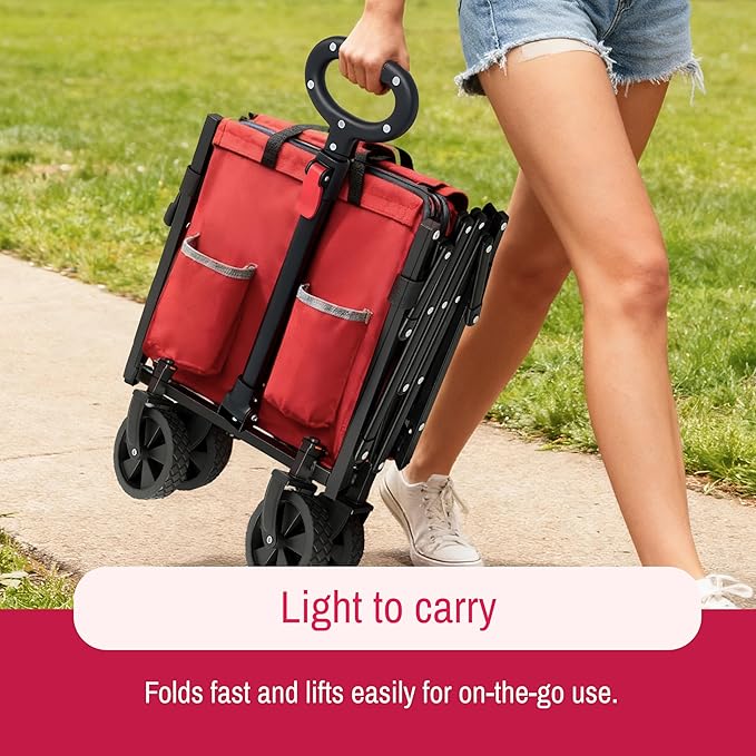 SYNCFUN Collapsible Wagon Cart Foldable 300lbs, Portable Rolling Shopping Carts on Wheels, All Terrain Folding Sport Beach Wagons for Sand, Heavy Duty Utility Cart for Groceries Fishing, Red