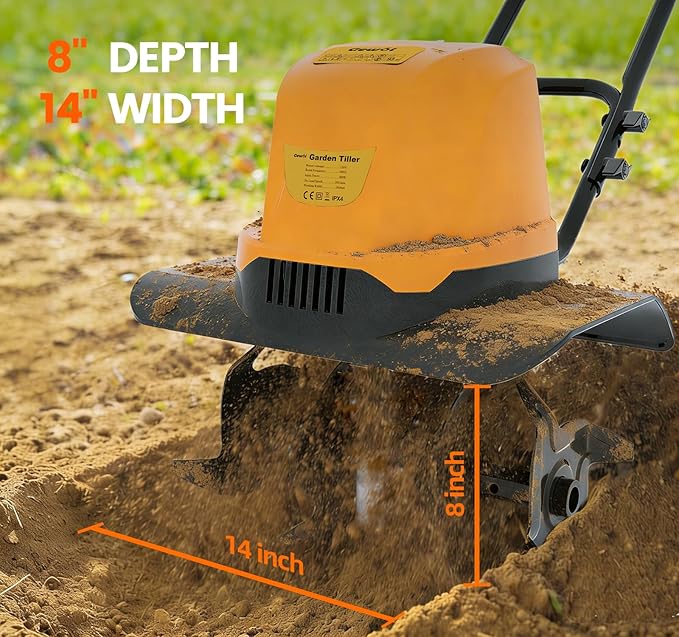 Electric Garden Tiller Cultivator, 14 Inch 12 Amp Corded Tiller for Gardening with Foldable Handle, 4 Steel Tines, Garden Rototiller for Lawn Yard Soil Cultivation