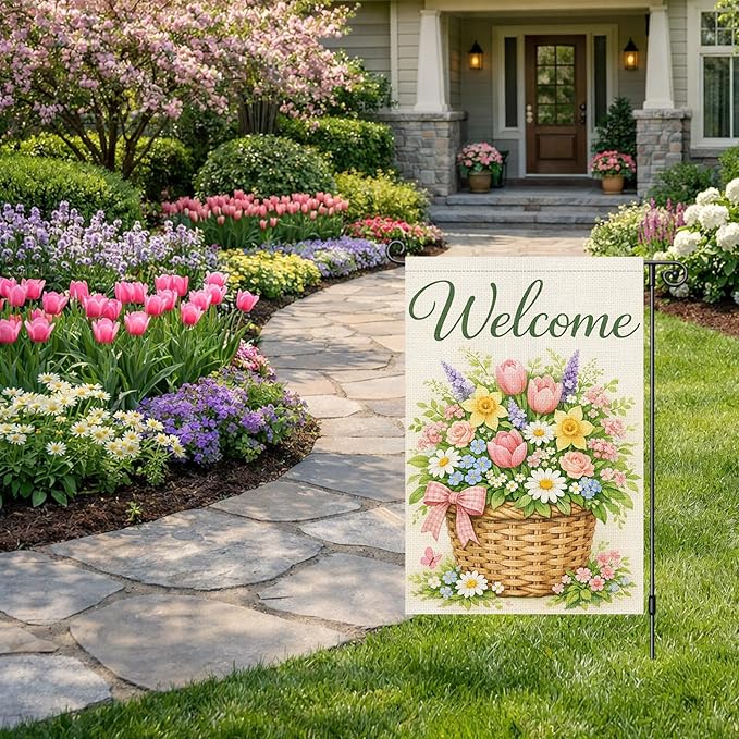 Heyfibro Welcome Spring Floral Basket Garden Flag 12x18 Inch Double Sided Spring Tulip Daffodil Garden Flag Small Yard Flags for Outside House Farmhouse Seasonal Outdoor Decorations
