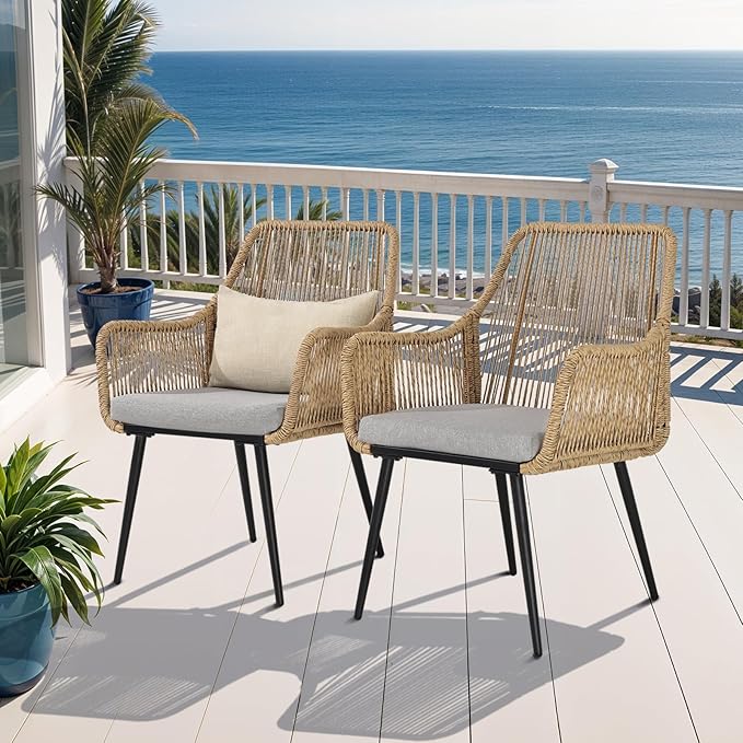 Patio Dining Chairs, Outdoor Dining Chairs with Armrest and Cushion Set of 6, Woven Twisted Wicker Rattan Chair, Modern Indoor Outdoor Seating for Garden, Lawn, Backyard, Natural