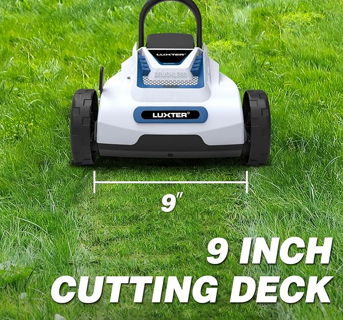 LUXTER 9 Inch Cordless Lawn Mower 6000RPM Brushless Motor 3 Adjustable Cutting Heights (1.5"-2.3") Electric Grass Trimmer 20V 4.0Ah Battery & Charger Mini Lawn Mower for Garden Yard Work and Lawn Care