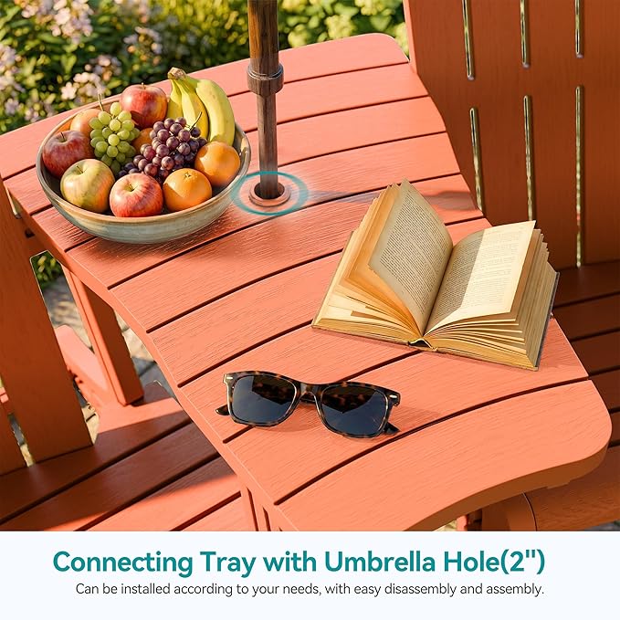 Vongrasig Adirondack Chairs Set of 2 with Removable Tabletop and Footrest, HDPE Plastic Outdoor Chair Set with Wooden Textured, Cup Holder for Patio, Poolside, Garden, Orange, 5 Pieces