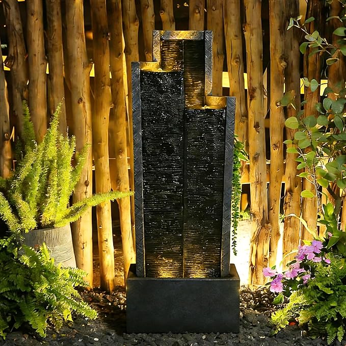 Sunlinua 49.6H Modern Outdoor Water Fountain with LED Light Garden Cascading Waterfall Feature for Indoor or Outdoor Cascading Waterfall for Relaxing Garden Patio Backyard Porch or Home Décor