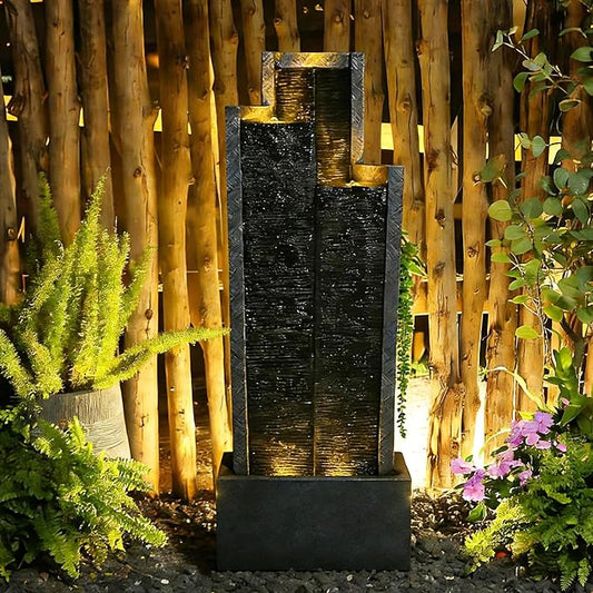 Sunlinua 49.6H Modern Outdoor Water Fountain with LED Light Garden Cascading Waterfall Feature for Indoor or Outdoor Cascading Waterfall for Relaxing Garden Patio Backyard Porch or Home Décor