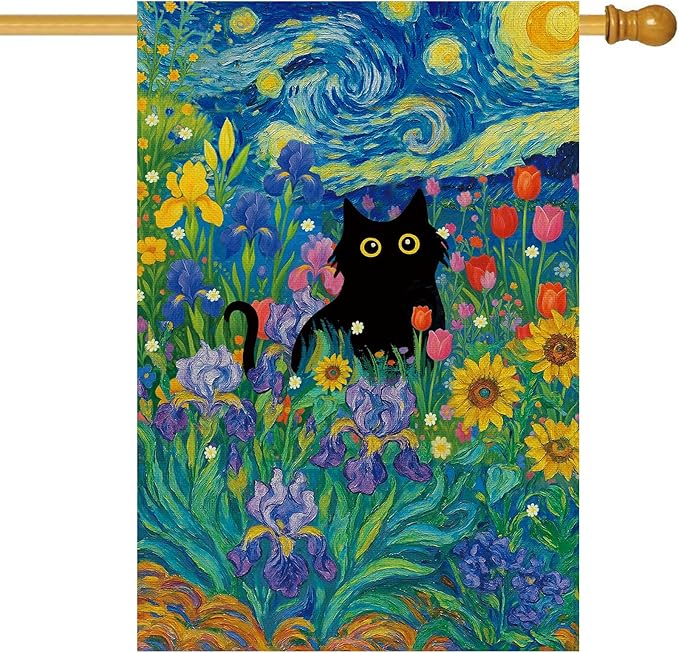Baccessor Spring Summer Black Cat House Flag Double Sided 28x40 Inch Burlap,Starry Night Sunflowers Welcome Large Garden Flag Porch Patio Yard Seasonal Farmhouse Outside Outdoor Decor