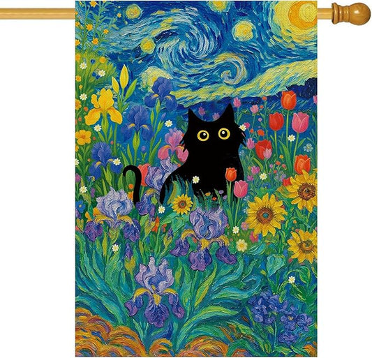 Baccessor Spring Summer Black Cat House Flag Double Sided 28x40 Inch Burlap,Starry Night Sunflowers Welcome Large Garden Flag Porch Patio Yard Seasonal Farmhouse Outside Outdoor Decor