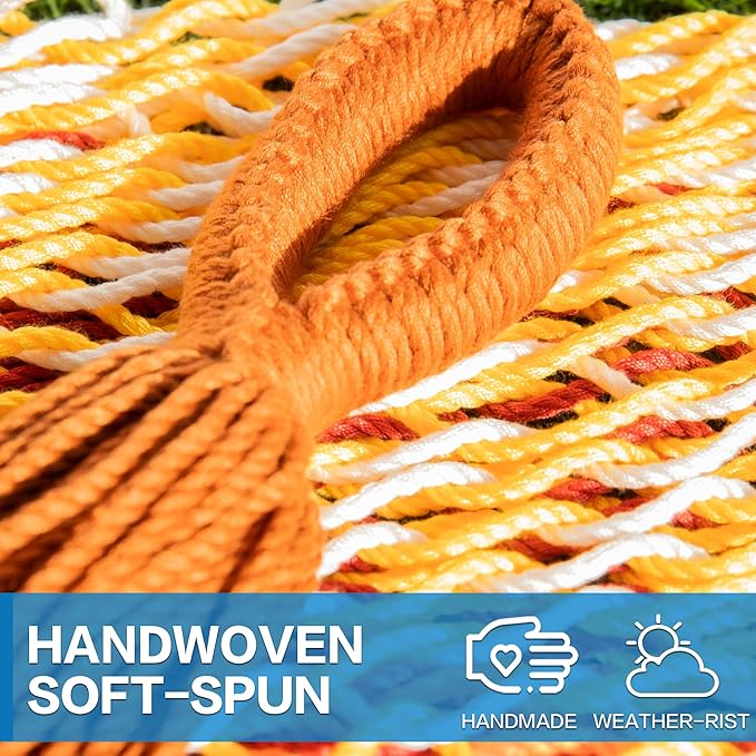 PNAEUT Handwoven Mayan Hammock, Thick Soft Rope Double Hammock for Outdoor Outside & Indoor, 600 lbs Capacity Heavy-Duty, Includes Tree Straps, Carabiners & Carrying Bag (Sunset, X-Large)