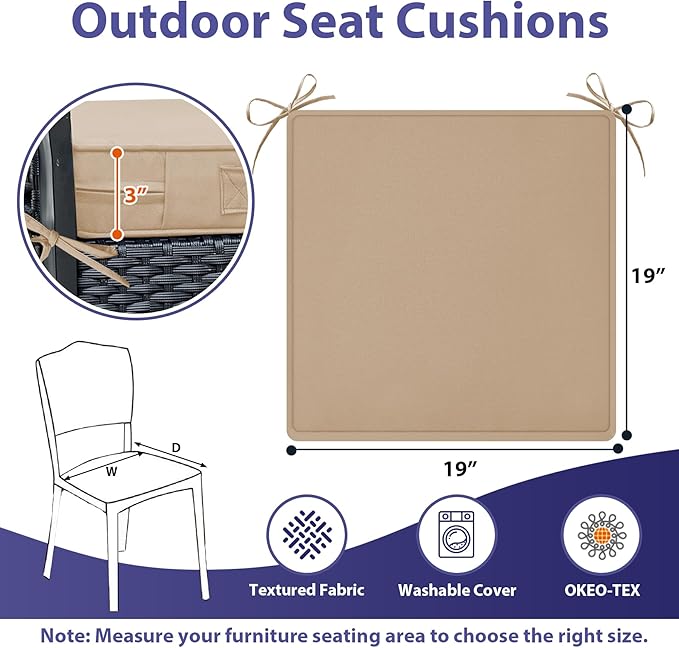 IPYNBAP Outdoor Chair Cushions Set of 4 -Waterproof Outdoor Seat Cushions for Patio Furniture, Patio Chair Cushion with Handle and Ties, Square Out Door Chair Pads,19" x 19" x 3", Beige