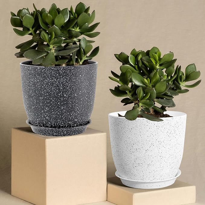 Planters for Garden House Plants, Indoor Outdoor Flower Pots Set with Trays 8 Inch Garden Pots,Plant Pots for Indoor Plants, Speckled Black