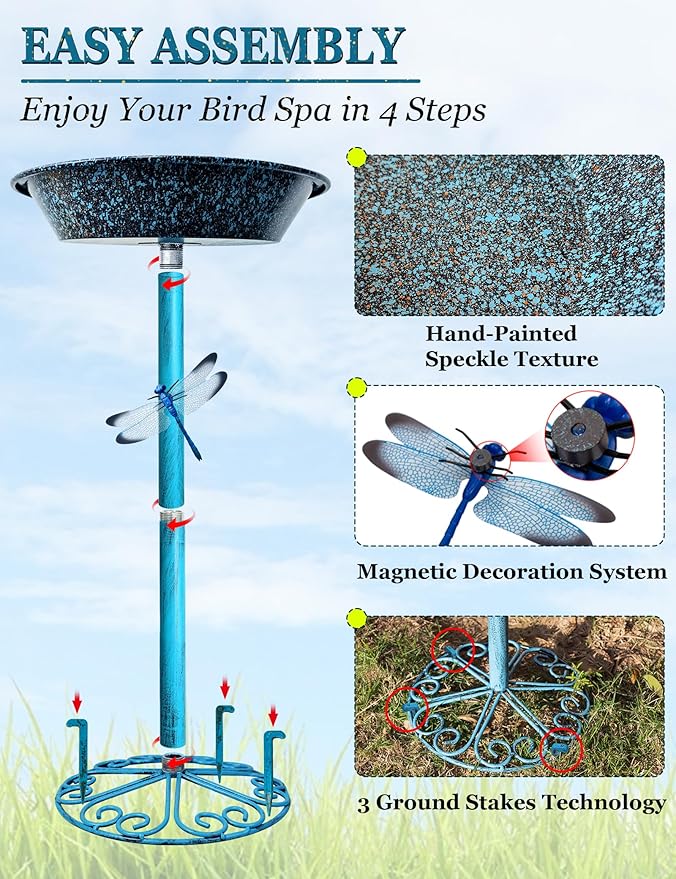 SAC SMARTEN ARTS Freestanding Bird Bath for Outside Metal Birdbaths Birdfeeder Bowl with Metal Stake Spa Bird Feeder Standing for Garden Patio Yard Lawn Décor 25.5 Inch Height