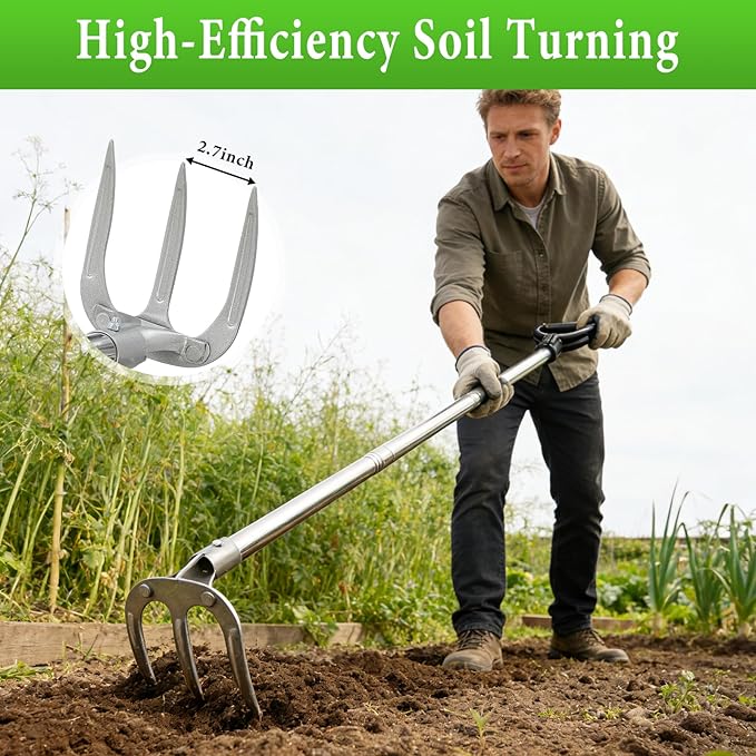 Hand Rake Garden Tool - 75" Long Handle Potato Cultivator Weeding Rakes, 3-Tine Heavy Duty Carbon Steel with D Grip for Raised Garden Beds