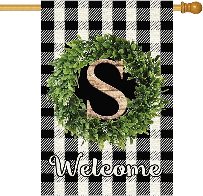 Baccessor Monogram Letter S Garden Flag 28 x 40 Inch, Buffalo Plaid Family Last Name Initial Boxwood Wreath Welcome Vertical Double Sided Large Flags for Outdoor Outside Decoration