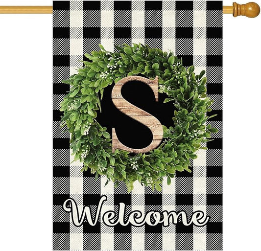 Baccessor Monogram Letter S Garden Flag 28 x 40 Inch, Buffalo Plaid Family Last Name Initial Boxwood Wreath Welcome Vertical Double Sided Large Flags for Outdoor Outside Decoration