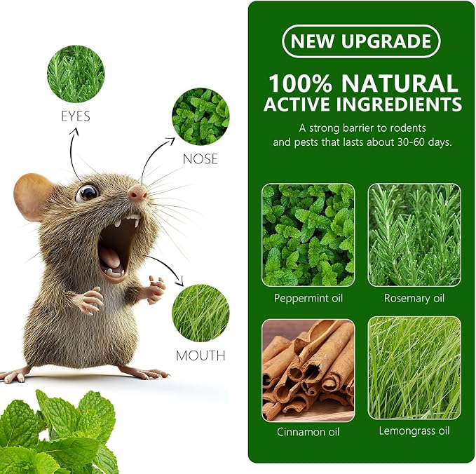 Mouse Rodent Repellent, 24 Pack Peppermint Lemon Oil Mice Repellent for Squirrel Rats Spider Pests, Natural Deterrent for Kitchen, Warehouse, Car, Indoor, Outdoor, Safe for Pets Family