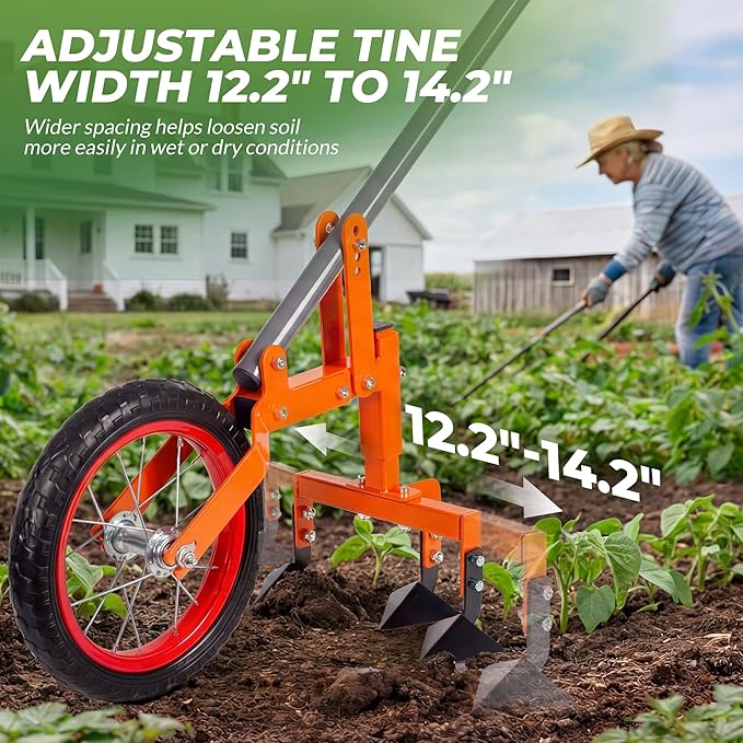 Walensee 2-in-1 Manual Wheel Hoe Garden Cultivator, Push Plow with Adjustable Long Handle 51.9–64.9 in, Dual Tools for Soil Loosening & Weeding, Heavy Duty Steel Frame, Lawn & Garden Tiller
