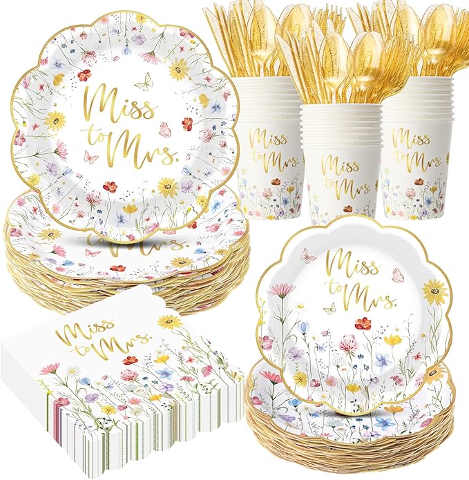 Funnymoom 400 Pcs Wildflower Bridal Shower Party Supplies for 50 Guests Floral Miss to Mrs Paper Plates and Napkins Knives Spoon Fork Cup Disposable Dinner for Women Wedding Engagement Party Favor