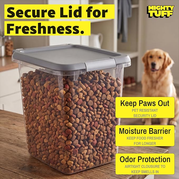 Mighty Tuff 20 lb Pet Food Storage Container with Airtight Lid, Clear | Secure lid clasp helps keep dog and cat food fresh while the clear container simplifies pantry organization.