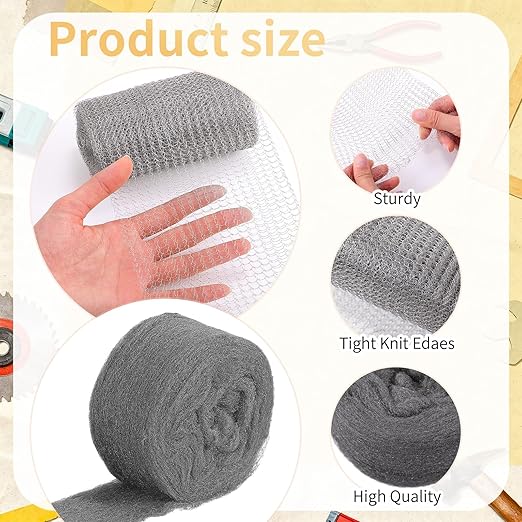 Steel Wool for Mice Control Mesh Rodent Control Kit 1 Pack Rustproof Mesh Roll and 0000 Steel Wool Mouse Hole Filler with Gloves, Scissors for House Garden Home Garage(5in X 9.8ft)