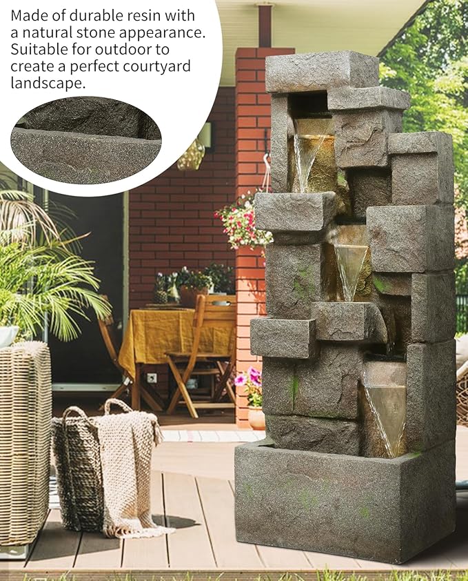 48.6" Water Fountain Outdoor Floor-Standing Garden Fountains with LED Lights 3 Tier Modern Waterfall Fountain Decor Rock Fountain for Patio Garden Yard Backyard Porch Home Art Decor, Yellow
