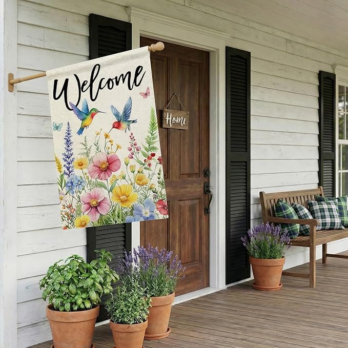 CROWNED BEAUTY Spring House Flag Floral Hummingbirds Double Sided 28x40 Inches Large Burlap Welcome Holiday Seasonal Yard Decoration for Outside Porch