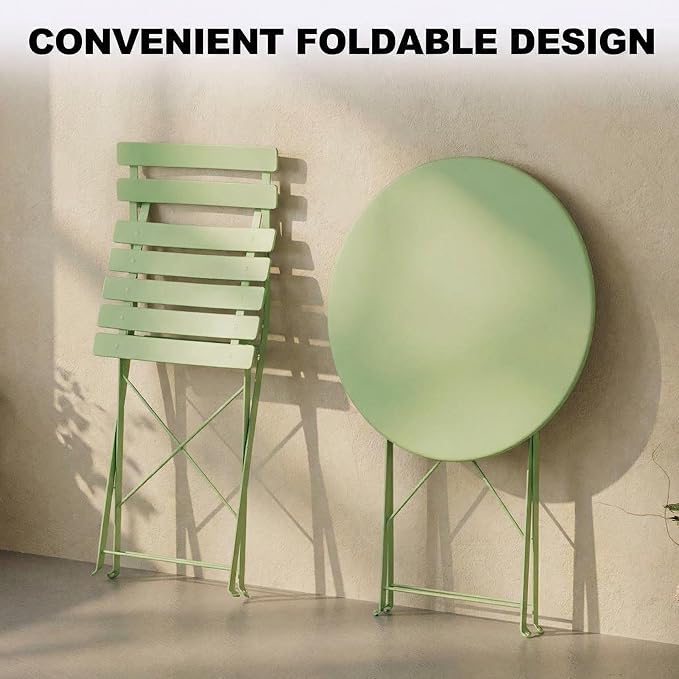 GarveeHome 3-Piece Foldable Bistro Set, Outdoor Patio Furniture with 2 Folding Chairs & 1 Table, Weather-Resistant Indoor/Outdoor Conversation Set for Patio, Green