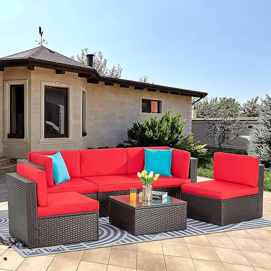Vongrasig 6 Pieces Patio Furniture Set, Outdoor Sectional Sofa Couch, All Weather PE Rattan Patio Conversation Sets with Coffee Table for Garden, Backyard, Poolside (Red)
