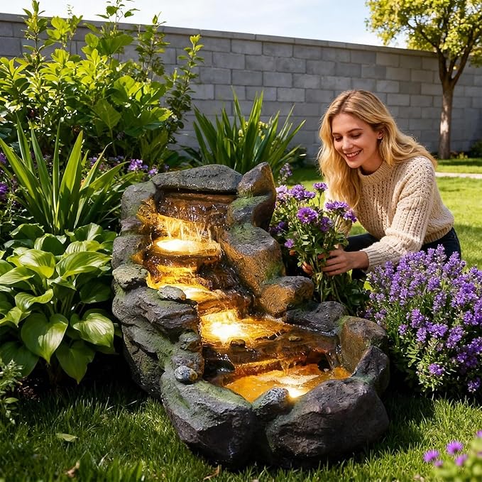 Sunlinua 42" L Outdoor Water Fountain with 3 Tiers Cascading Realistic Tree Trunk Waterfall Fountains with LED Lights Outdoor Water Fountain for Garden Patio Backyard Porch Home Decor