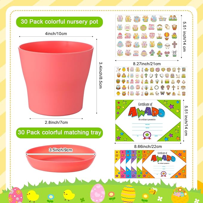 Domensi 30 Pack Garden Pot Craft Kit 4 Inch DIY Happy Easter Crafts for Kids Bulk Small Plastic Spring Flower Plant Pot Plastic Planter with Tray Drainage Holes with Tag, Certificate of Award, Sticker