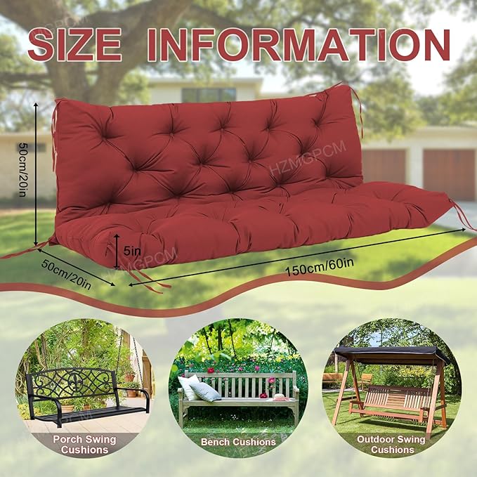 Premium 5" Thick Waterproof Outdoor Swing Cushions Sturdy Durable 2-3 Seat Replacement Porch Swing Cushions with Backrest&Ties Bench Cushion for Outdoor Furniture Backyard Patio(Wine Red)