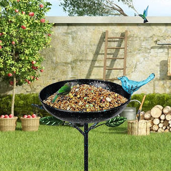 Bird Baths for Outdoors, 41" Tall Black Birdbath with Stake, Metal Bird Baths & Feeder with 9.4" Bowl & Decorative Cast Iron Bird for Outside Garden Yard Decor
