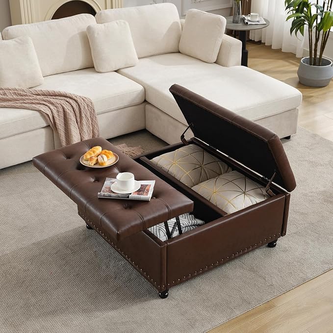 Tbfit 35.5" Large Square Storage Ottoman Bench, Tufted Upholstered Coffee Table Ottoman with Lift Top & Wooden Legs, Oversized Storage Ottomans Toy Box for Living Room (Dark Brown)