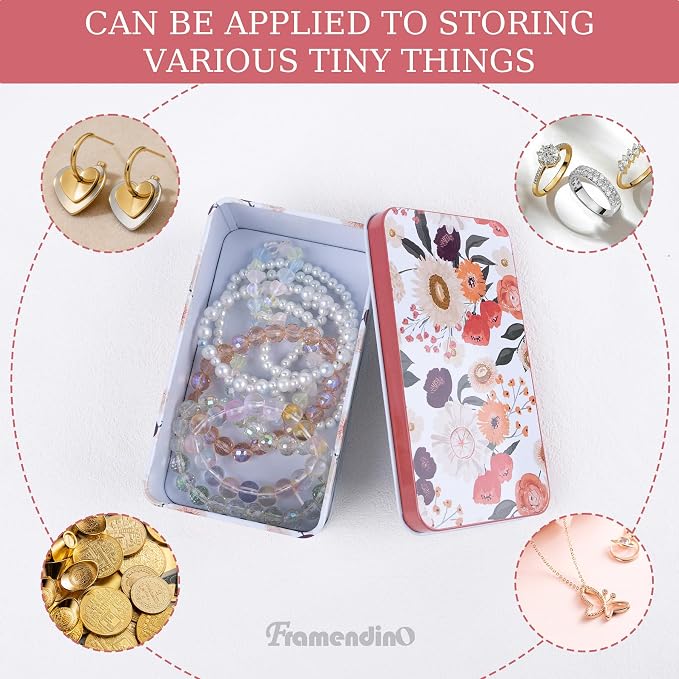 Framendino, 5 Pack Mini Tin Tinplate Coin Boxes Floral Pattern Small Trinket Jewelry Storage Case Containers Box with Lid for Bead (Random Color)