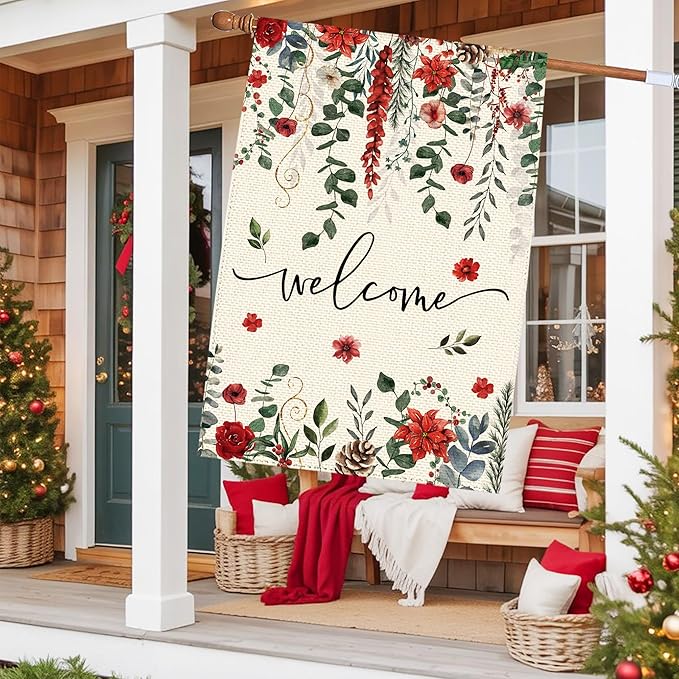 Winter Red Poinsettia Welcome Garden Flag 28x40 Inch Double Sided, Xmas Berry Burlap Large Yard Flag Winter Floral Farmhouse Flags Seasonal Patio Outdoor Outside Decoration