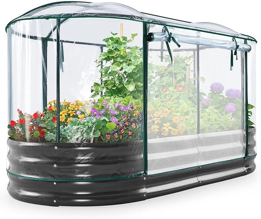 KING BIRD Raised Garden Bed with Cover Galvanized Oval Planter Garden Box Outdoor for Gardening, Vegetables, Flowers 71x36x12 in, White