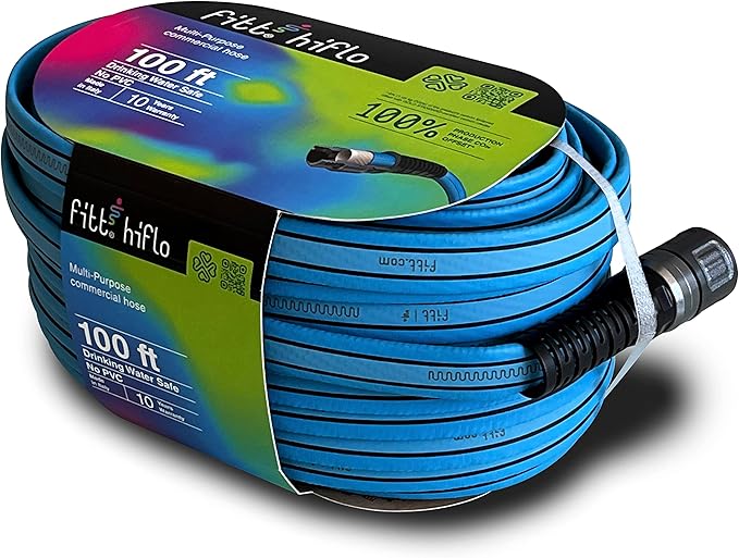 FITT HiFlo Water Hose, Lightweight Ultra Flexible Durable Kink-Free Flat Multipurpose Garden Hose, Easy to Use and Long-lasting Performance, 100-Feet