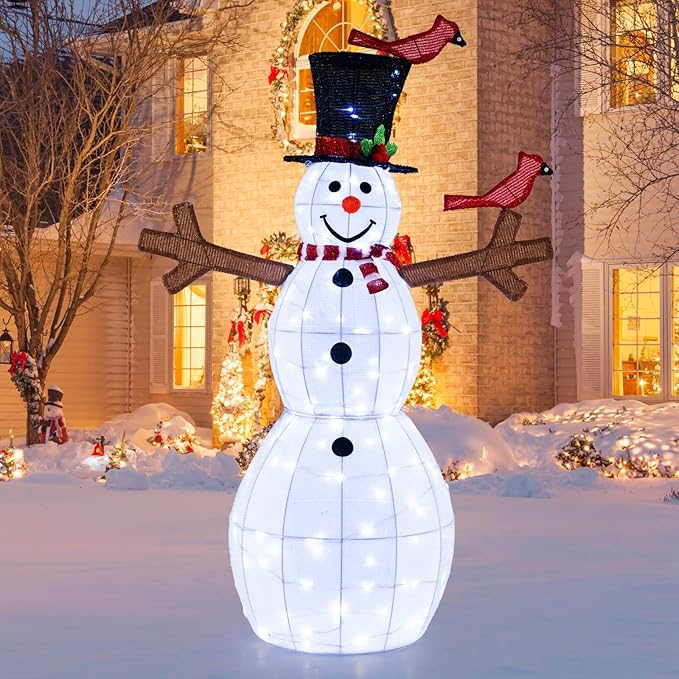 Tangkula 4.8 FT Christmas Lighted Snowman with Red Birds, Indoor Outdoor Pre-Lit Xmas Snowman with 120 LED Lights, Zip Ties & Ground Stakes, Snowman Holiday Decoration for Front Porch, Yard, Garden