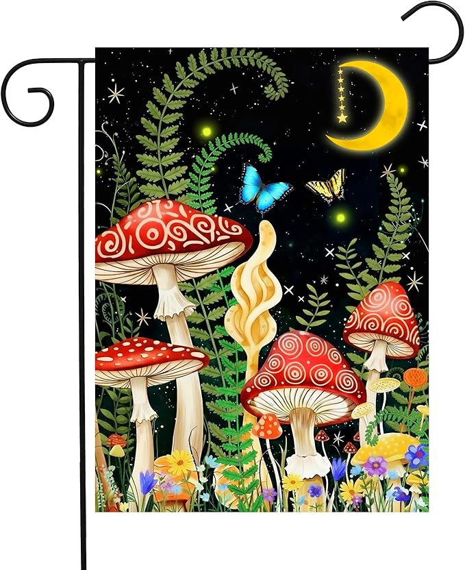 Fantasy Night Fairy Moon Star Mushroom Grass Butterfly Snail Garden Yard Flag 12"x 18" Double Sided Polyester Welcome House Flag Banners for Patio Lawn Outdoor Home Decor