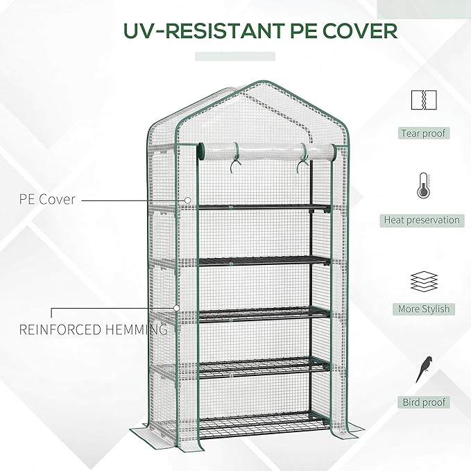 Outsunny 5 Tier Mini Greenhouse, 76" x 35.4" x 19.3" Small Portable Greenhouse with Reinforced PE Cover, Roll-Up Zippered Door, for Indoor Outdoor Garden Yard Backyard, White