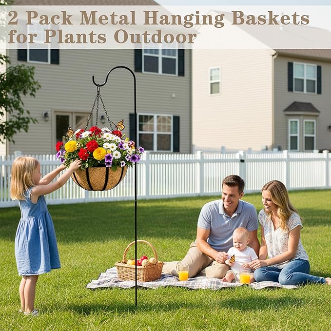 EIMQUVW 2 Pack Round Hanging Baskets 12 Inches Black Outdoor Metal Flower Pots with Coco Liner and Chain Heavy Duty Flat Iron Hanging Planters for Indoor Outdoor Gardens Decor