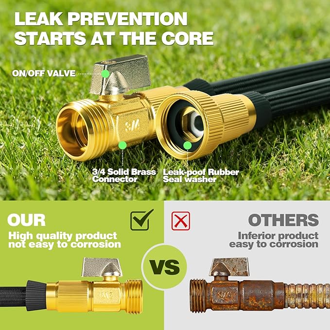 Garden Hose 25 FT, Lightweight Non-Expanding Water Hose with 10 Function Nozzle, Manguera Para Jardin with 3/4" Brass Connectors Leak-Proof, Burst-Resistant, Anti-Kink