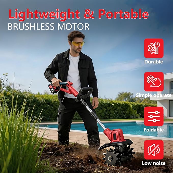 21V Cordless Tiller Cultivator, 300RPM Electric Garden Tiller, 2×4.0AH Batteries & Fast Charger Lightweight Rototiller 12" Width, 8" Depth for Lawn/Soil/Plowing/Weeding/Farm