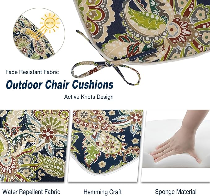 Outdoor 16"x17" Chair Pads Set of 4, Water Resistant Patio Chair Cushions with Ties, Seat Cushions for Home Garden Furniture Decoration, Paisley Sapphire Blue
