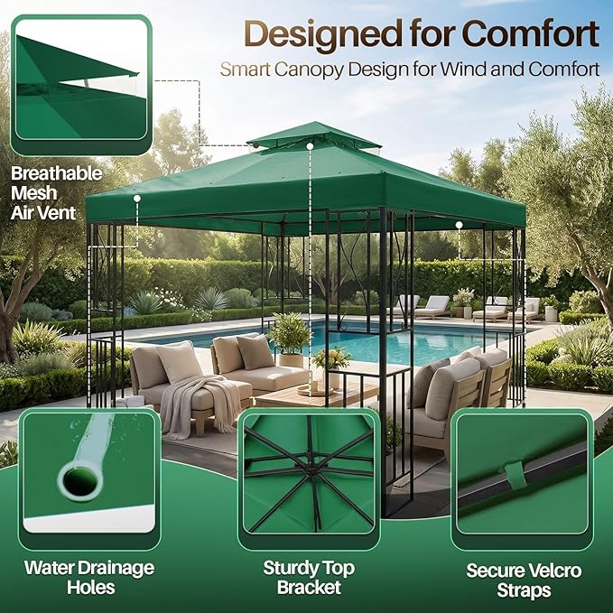 Flexzion Gazebo Cover Replacement Canopy Top 10x10 Ft (3m x 3m) - Double Tier Top Canopy Cover Replacement with UV30+, Dirt, Water Resistant for Outdoor, Sunshade, Garden, Patio, Pavilion (Green)