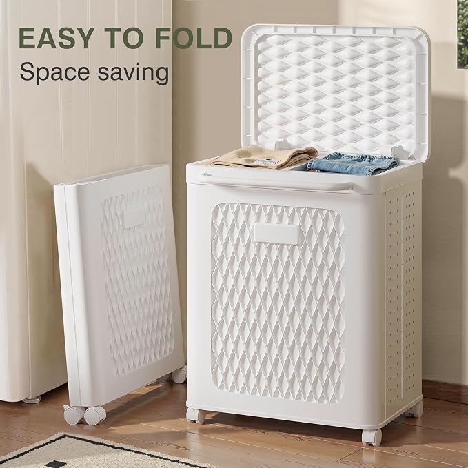 VECELO Rolling Laundry Hamper with Wheels and Lid, Foldable Plastic Laundry Basket with Handle, Rolling Divided Laundry Cart for Small Spaces, Laundry, Bathroom, Bedroom, White
