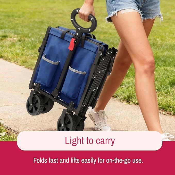 SYNCFUN Collapsible Wagon Cart Foldable 300lbs, Portable Rolling Shopping Carts on Wheels, Folding Sport Beach Wagons All Terrain, Heavy Duty Garden Utility Cart for Groceries Fishing, Blue